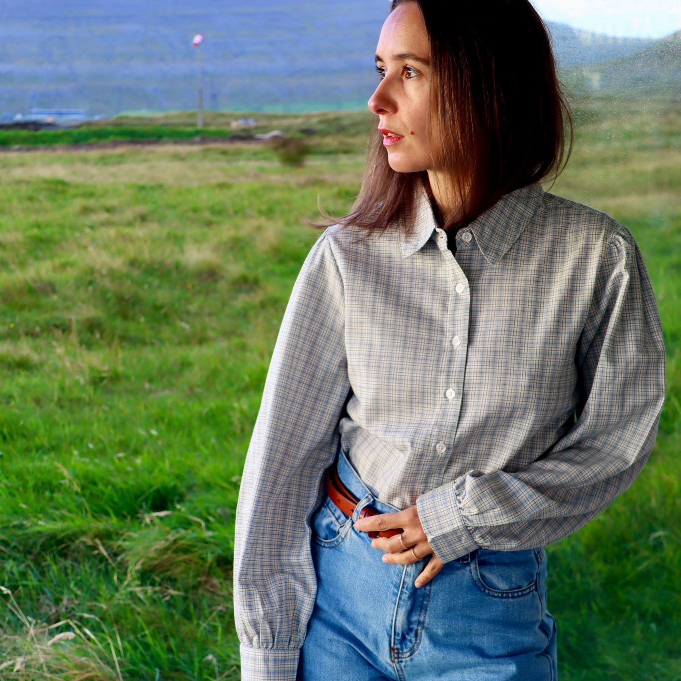 Chemise femme Aulne manches longues en coton bio – Carreaux bleus | Poudre Organic 2