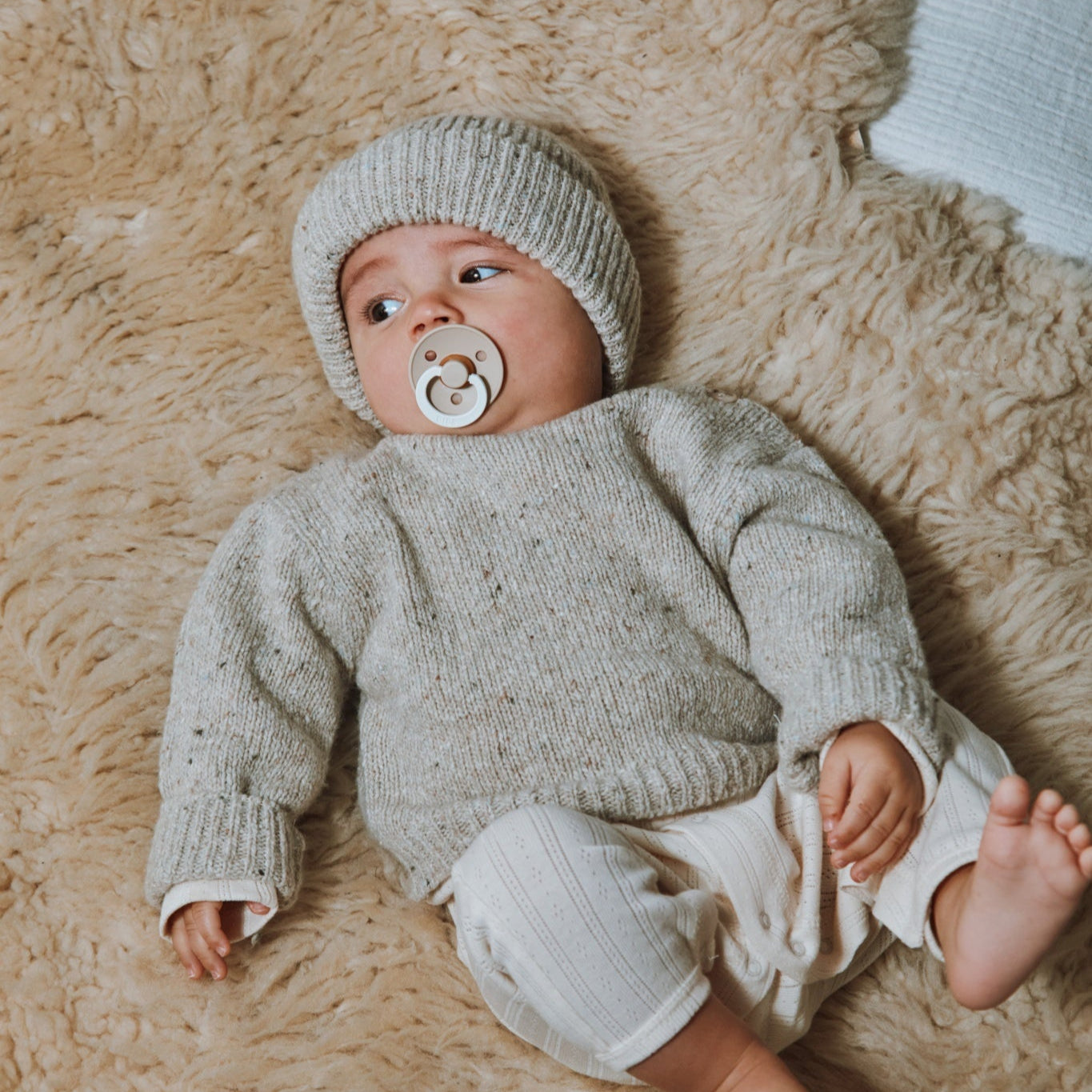 Bonnet kids Beanie en laine recyclée et fils écologiques – Speckled seashell | Poudre Organic 2