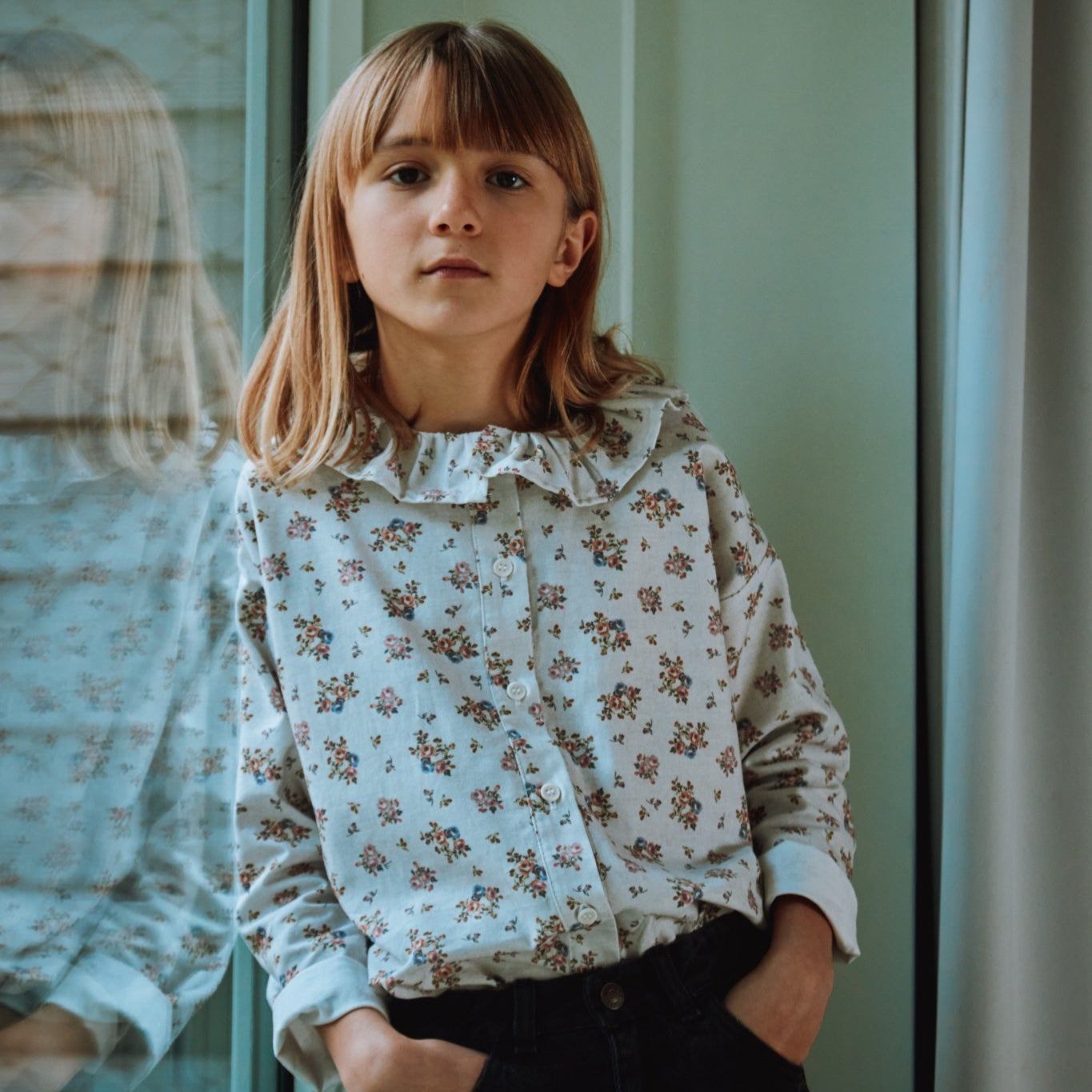 Blouse kids Colchique manches longues en coton bio – Fleuri rose gris | Poudre Organic 2