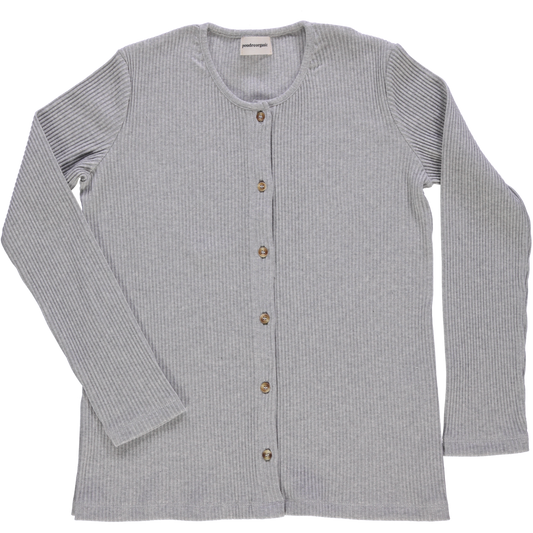 Cardigan femme Souci côtelé en coton bio – Gris Clair Chiné | Poudre Organic 1