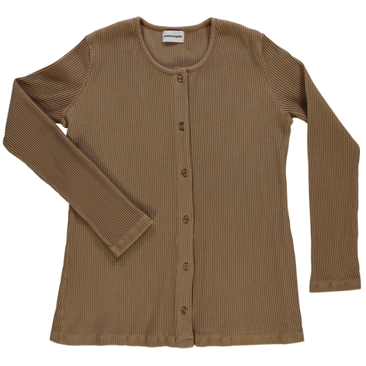 Cardigan femme Souci côtelé en coton bio – Dull gold | Poudre Organic 1