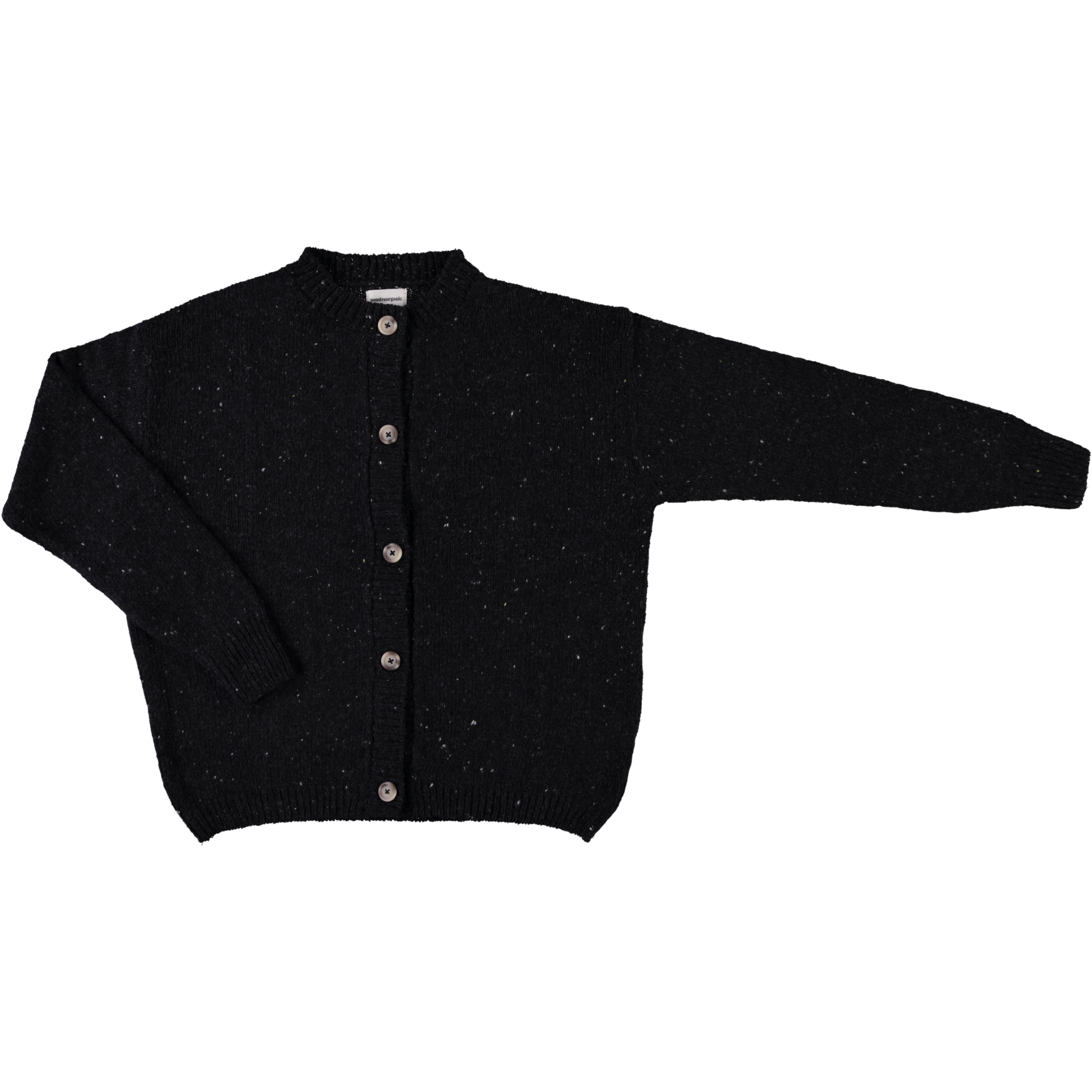 Cardigan femme Pétale en laine recyclée et fils écologiques – Speckled Black | Poudre Organic 1