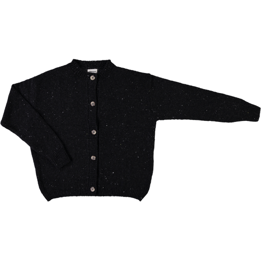Cardigan femme Pétale en laine recyclée et fils écologiques – Speckled Black | Poudre Organic 1