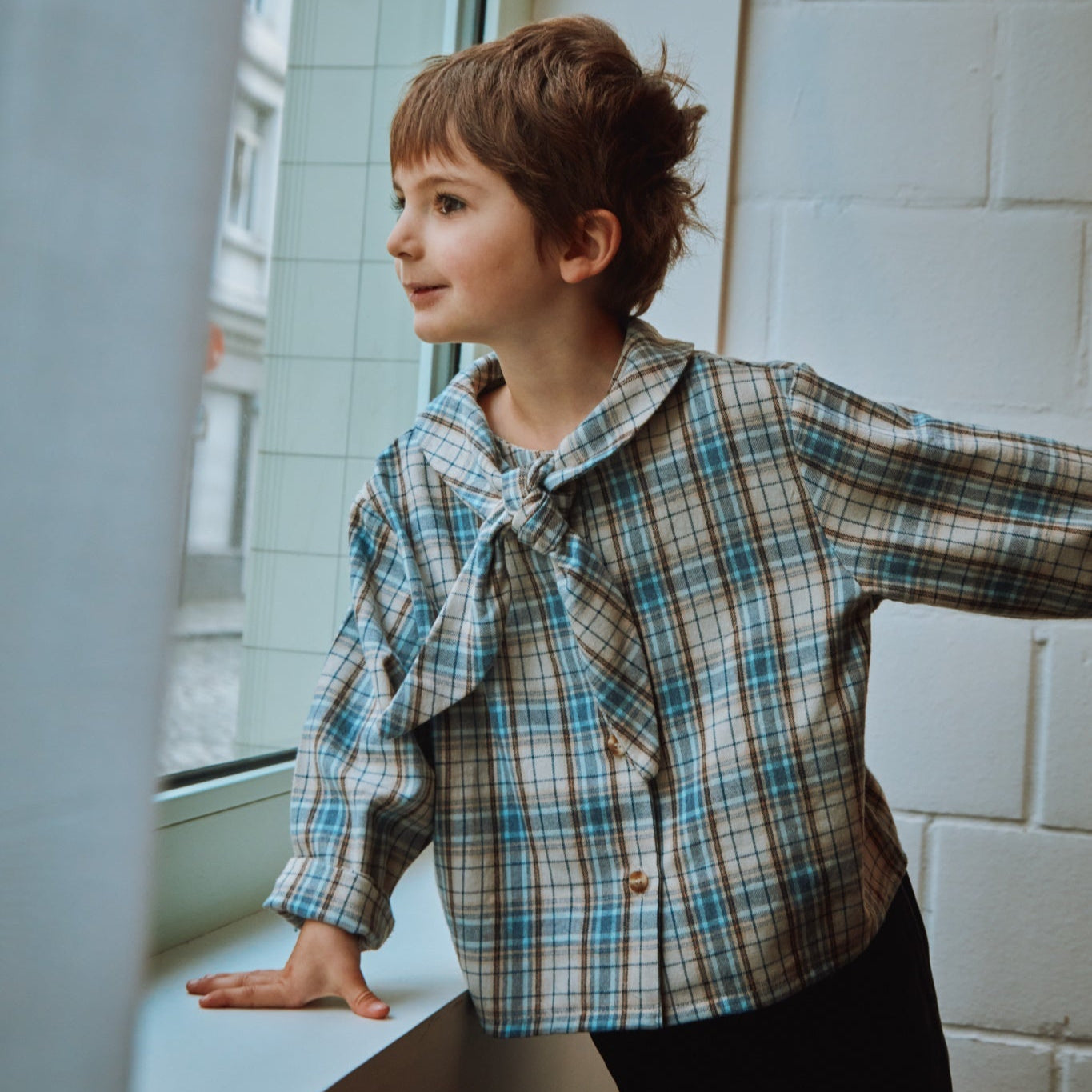 Blouse foulard kids Alysse en coton bio – Flanelle carreaux | Poudre Organic 3