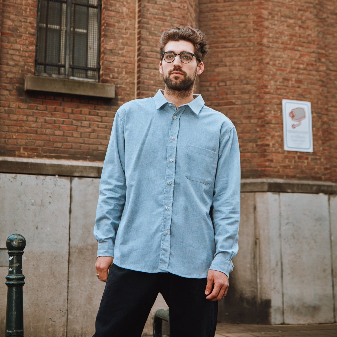 Chemise homme Camisa manches longues en coton bio – Flanelle bleu ciel | Poudre Organic 2