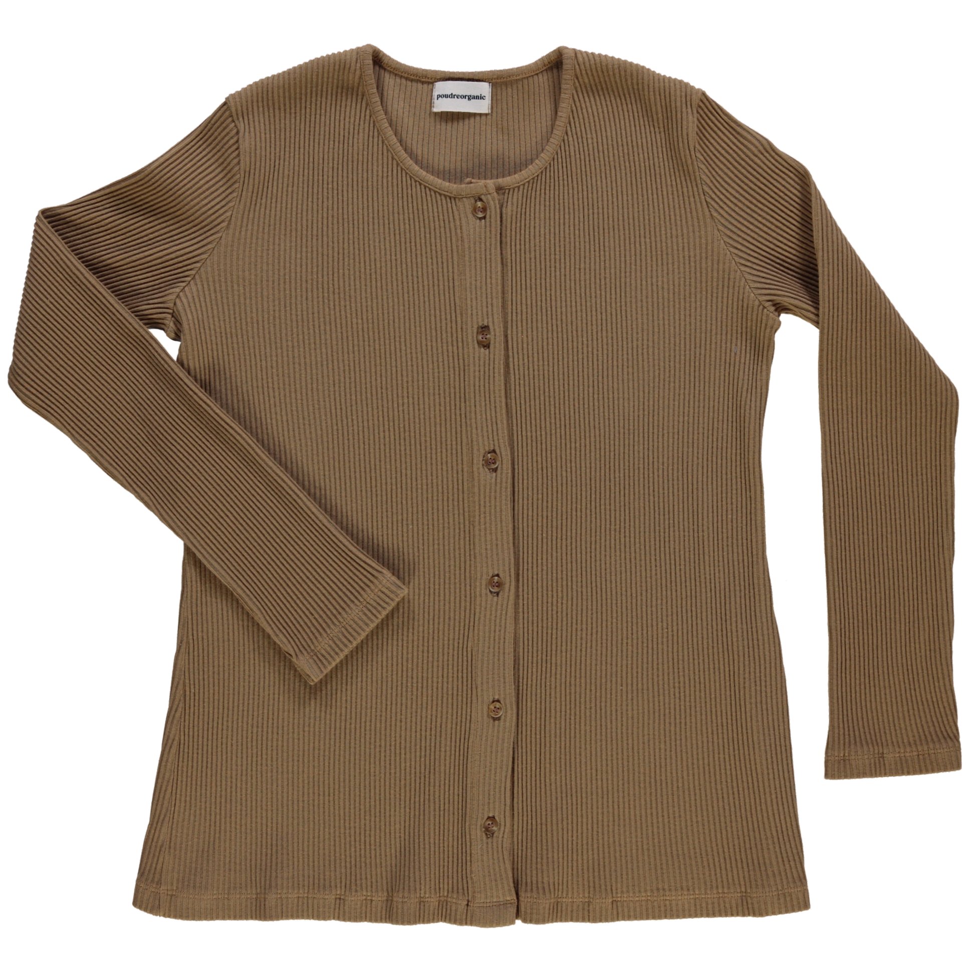 Cardigan femme Souci côtelé en coton bio – Dull gold | Poudre Organic 1