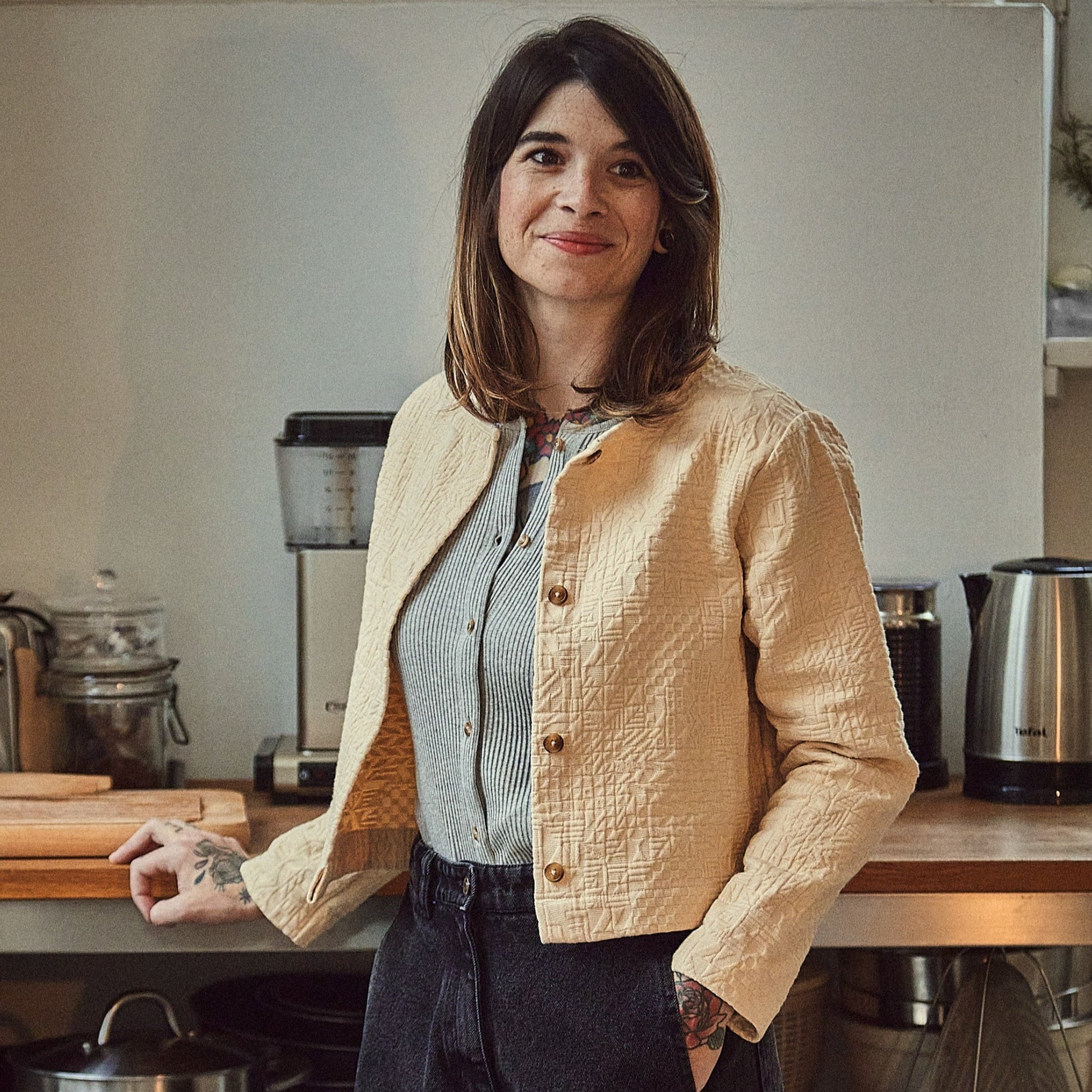 Cardigan femme Souci côtelé en coton bio – Gris Clair Chiné | Poudre Organic 4