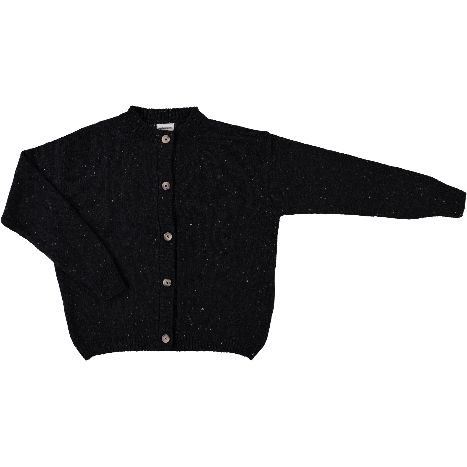 Cardigan femme Pétale en laine recyclée et fils écologiques – Speckled Black | Poudre Organic 1